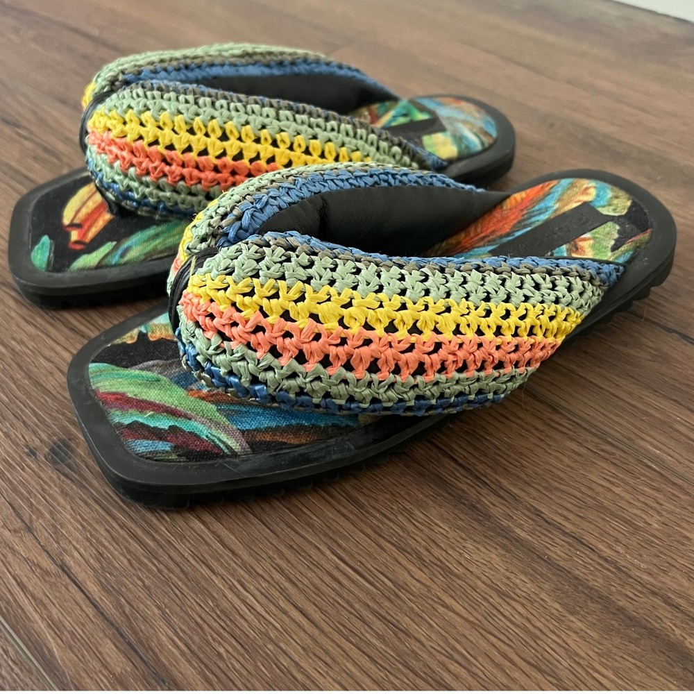 Farm Rio Womens Tropical Woven Raffia Floral Square Toe Flip Flop Sandals Size 6